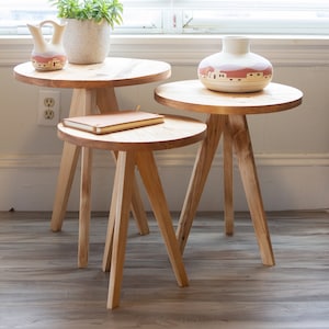 Modern Tapered Leg Tripod Round Table &quot;The Gerason&quot; Wooden Tripod Decorative Stool. Reclaimed Wooden Table