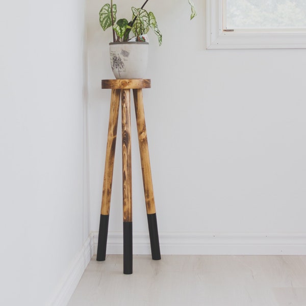 Tall Slim Round Top Tripod Plant Stool. Small Top Reclaimed Wooden Corner Stool