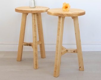 Handmade contemporary naturally finished tripod stool. "The Jaiden" made from recycled wood from Prince Edward Island