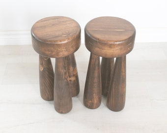 Slender chunky club leg tripod stool. Thick 8 inch top tripod clubbed leg stool made from reclaimed wood.  Handmade in Canada