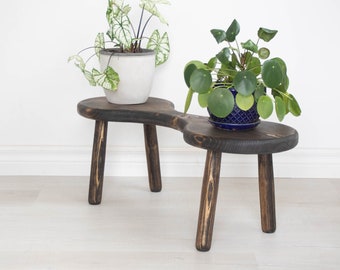 Nature's Loveseat. Dark brown Jacobean, double length stool styled plant stand made from reclaimed wood