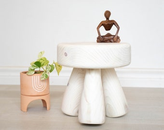 Mini thick top tripod club stool. Small club legged stool made from recycled wood