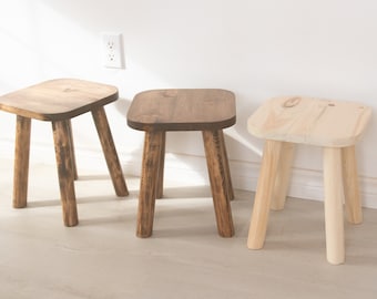 The "Olive" stool. Four legged stool with squared top made from reclaimed wood. Custom sizable 4 leg stool handmade in Canada