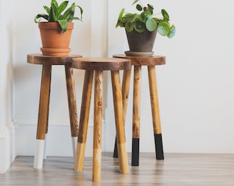 Handcrafted Wooden Stool. "The Willow" Tripod Dipped-legged Round Top Plant Stand