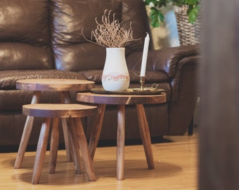 Wide top tripod stool. Handcrafted reclaimed wooden variable size top tripod plant stand