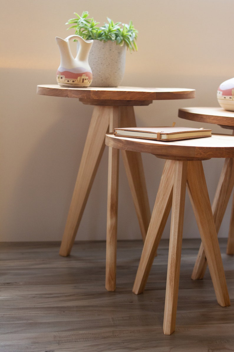 Modern Tapered Leg Tripod Round Table The Gerason Wooden Tripod Decorative Stool. Reclaimed Wooden Table image 7