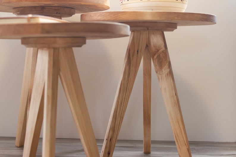 Modern Tapered Leg Tripod Round Table The Gerason Wooden Tripod Decorative Stool. Reclaimed Wooden Table image 9