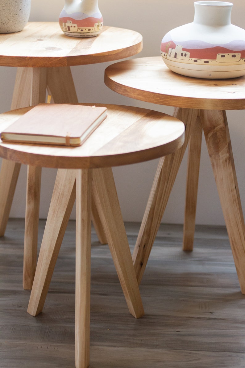Modern Tapered Leg Tripod Round Table The Gerason Wooden Tripod Decorative Stool. Reclaimed Wooden Table image 6