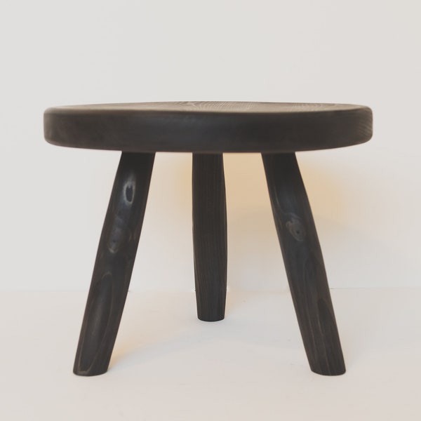 Stubby Tripod Thick Round-top Stool. Repurposed Handmade Wooden Black Tripod Plant Stand