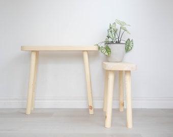 Long slim top end table made from recycled wood. Pickled oak, various height long and narrow top table