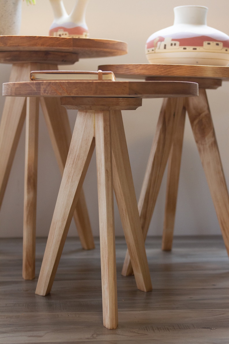 Modern Tapered Leg Tripod Round Table The Gerason Wooden Tripod Decorative Stool. Reclaimed Wooden Table image 3