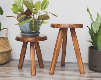 Tripod round-top stool. Repurposed handmade wooden tripod plant stand