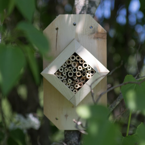 Diamond shaped bee hotel made with removable bamboo