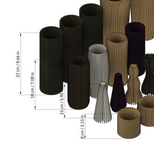 May include: A set of 10 decorative vases in various sizes and colors, made of a textured material. The vases range in height from 8 to 22 inches.