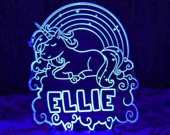 Unicorn and Rainbow Personalized Night Light, Girls Unicorn Night Light, Rainbow Unicorn LED Bedroom Decor, Child Nursery Nightlight