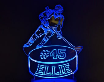 Girl Hockey Player LED Night Light Room Decor, Personalized Hockey Player Gift, Ice Hockey Gift Ideas, Kids Hockey Led Room Night Light Lamp