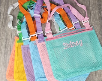 Personalized Seashell Zipper Mesh Bag, Kids Beach Bag, Monogrammed Sea Shell Backpack, Beach Summer Accessories