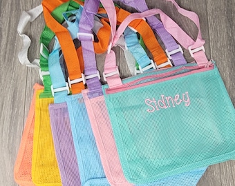 Personalized Seashell Zipper Mesh Bag, Kids Beach Bag, Monogrammed Sea Shell Backpack, Beach Summer Accessories