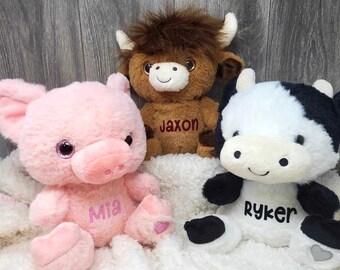Personalized Farm Animal, Valentine Plush Cow, Stuffed Plush Valentine Pig, Valentine Plush Animal, Baby 1st Valentine Gift