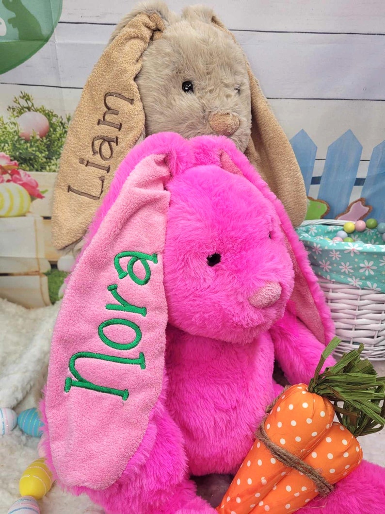 Large Easter Bunny, Embroidered Bunny Ears, Baby First Easter Bunny, Child Easter Basket Stuffer, Bunny Stuffed Animal, Easter Plush for Kid Hot Pink 21 inch