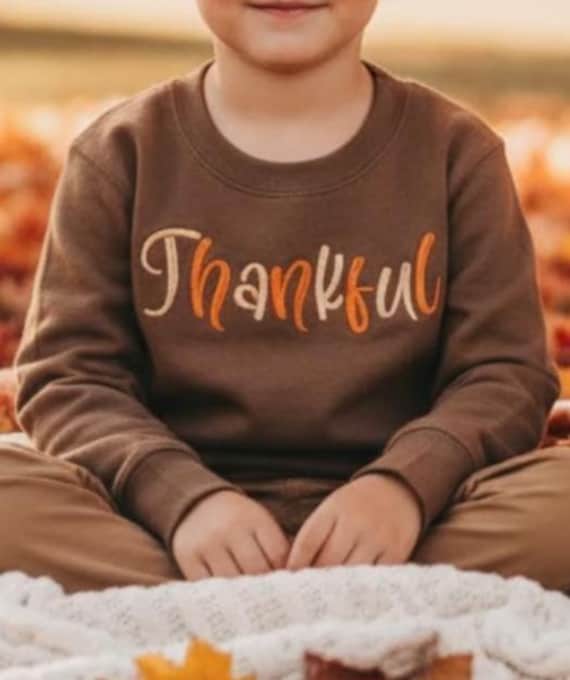 Kids Thankful Embroidered Sweatshirt, Fall Crewneck Pullover