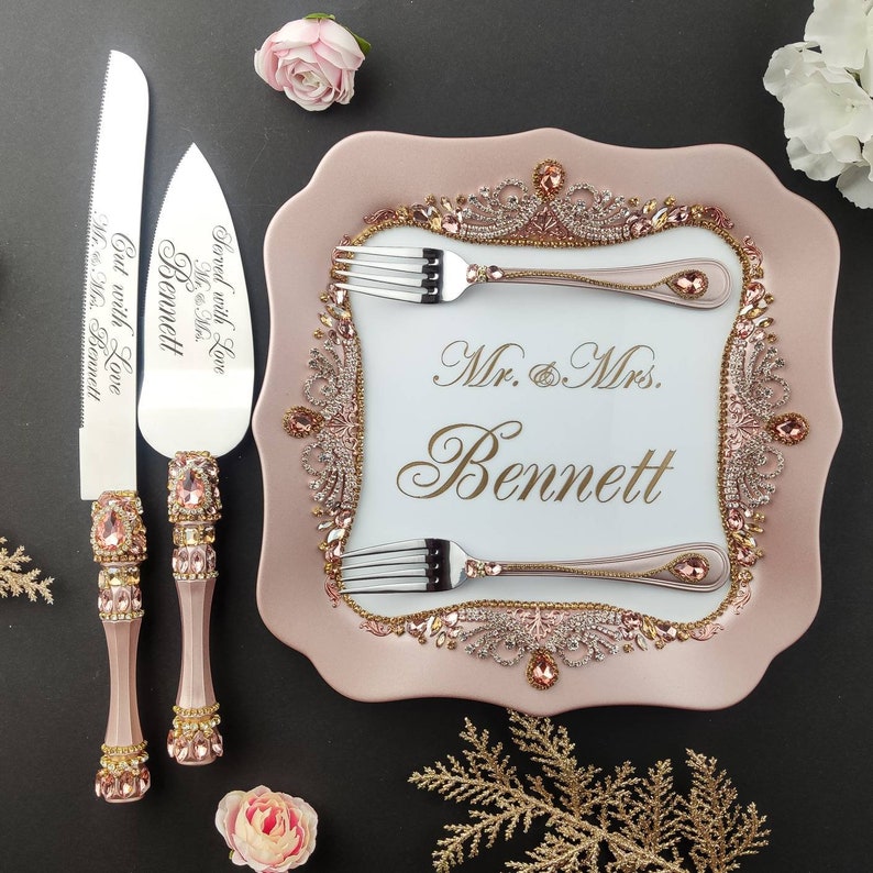 Rose gold Wedding Cake Serving Set and champagne flutes Etsy