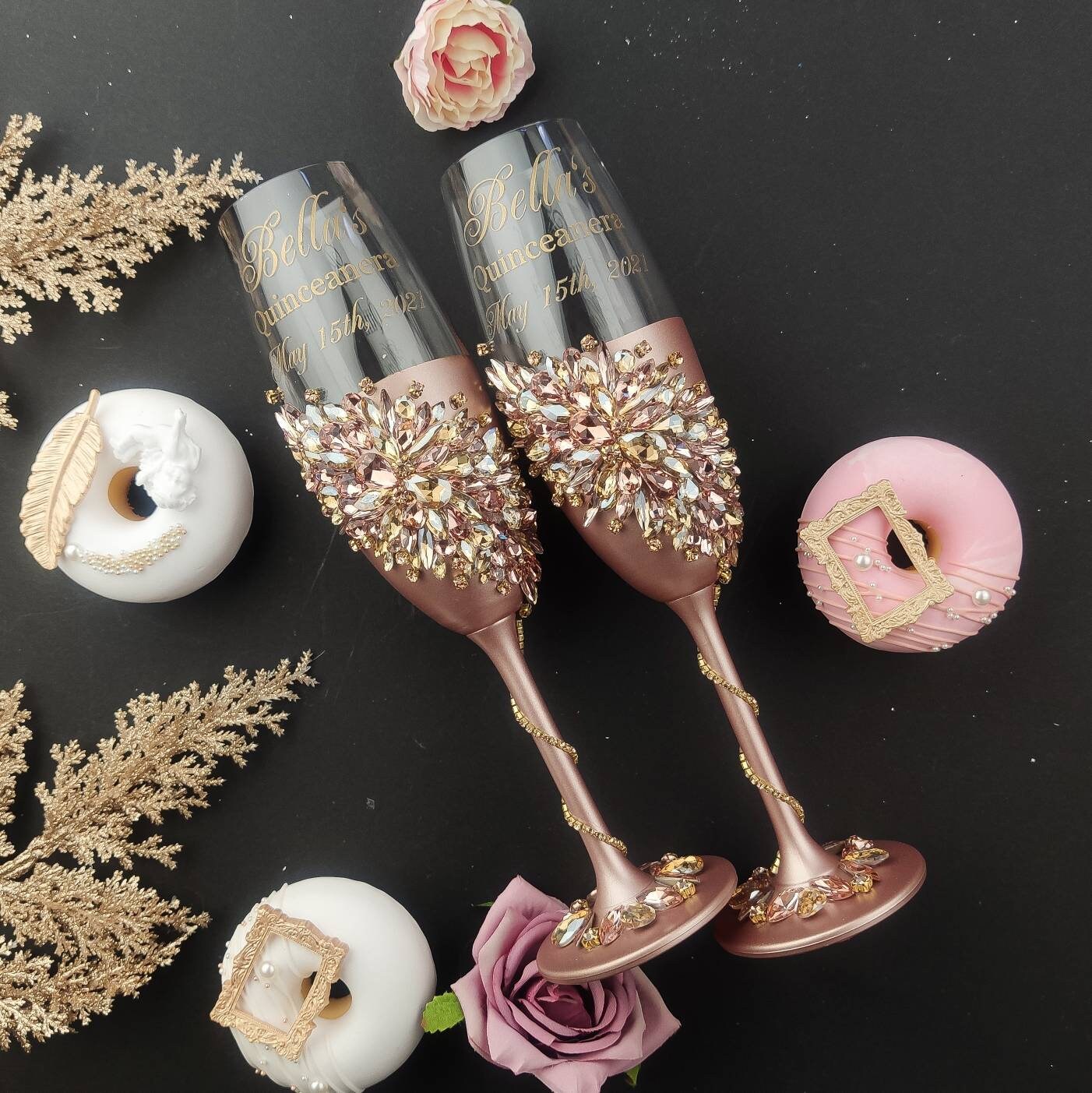 Rose gold Wedding Cake Serving Set and champagne flutes Etsy