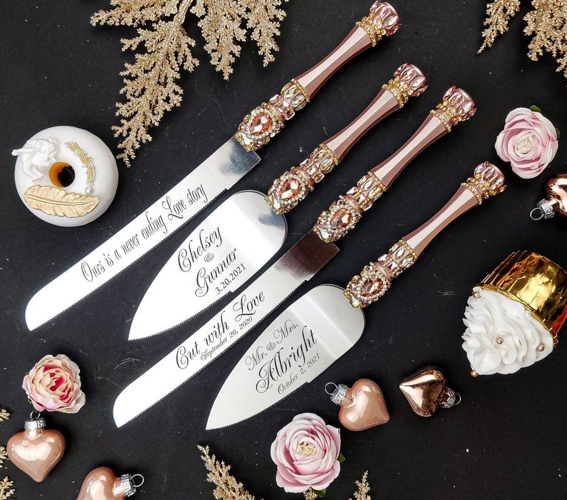 Rose gold Wedding Cake Serving Set and champagne flutes Etsy