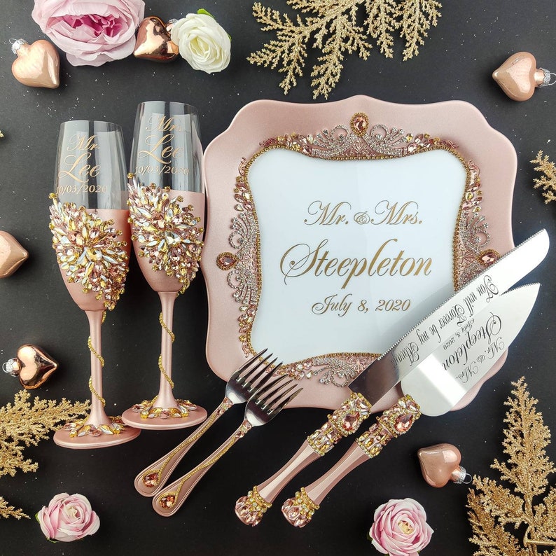 Rose gold Wedding Cake Serving Set and champagne flutes Etsy