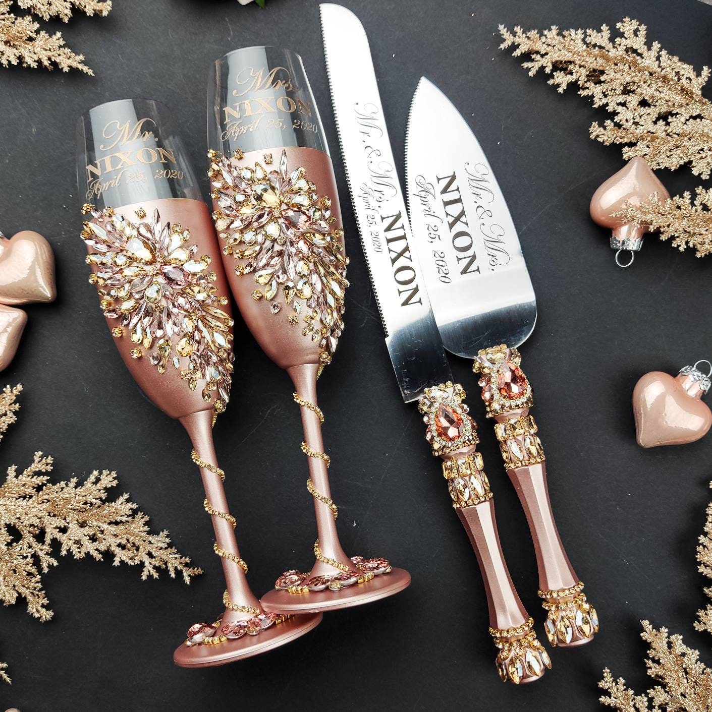 Rose gold Wedding Cake Serving Set and champagne flutes Etsy