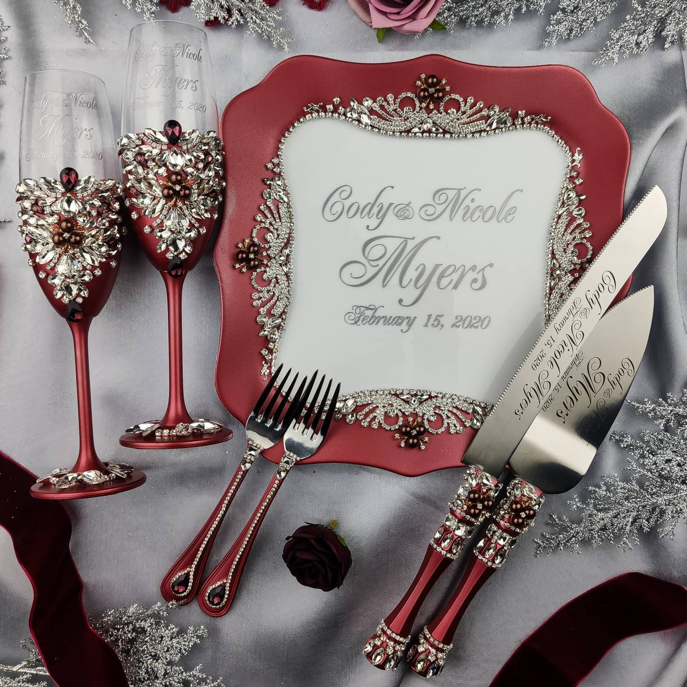 Burgundy silver Wedding Cake Serving Set champagne flute Etsy
