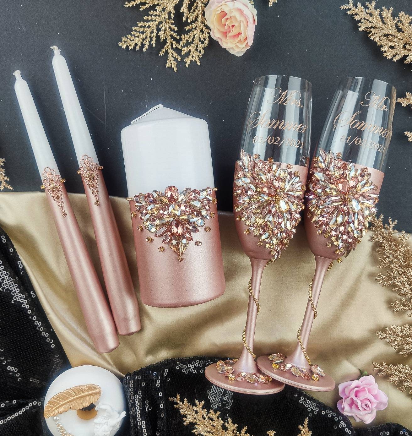Rose gold Wedding Cake Serving Set and champagne flutes Etsy
