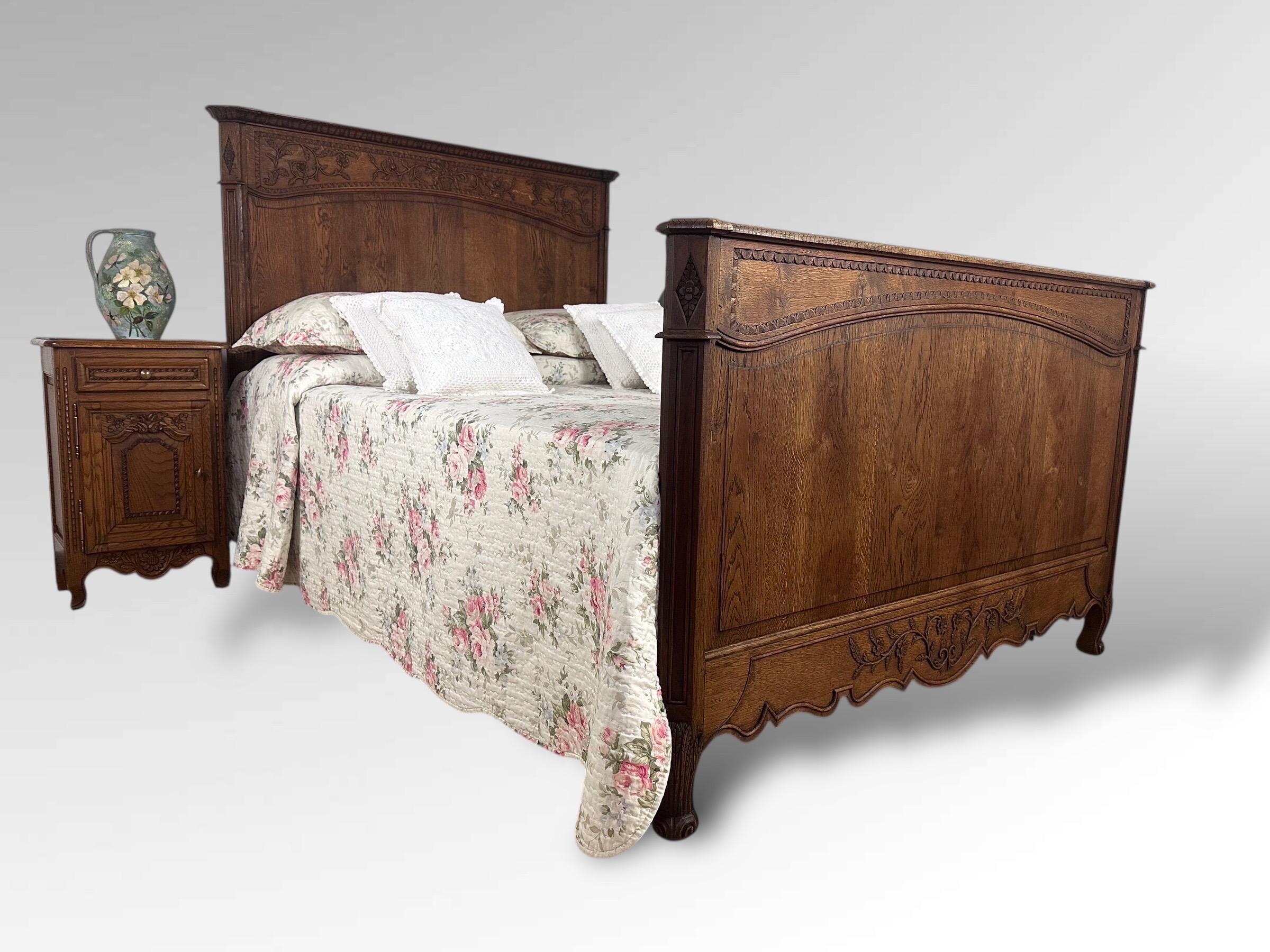 Original French Normandy Style Carved Oak Double Bed Frame