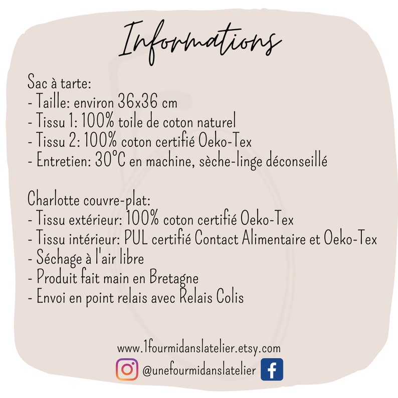 Sac à tarte réversible, charlotte couvre-plat assortie / Tissus certifiés Oeko Tex immagine 10