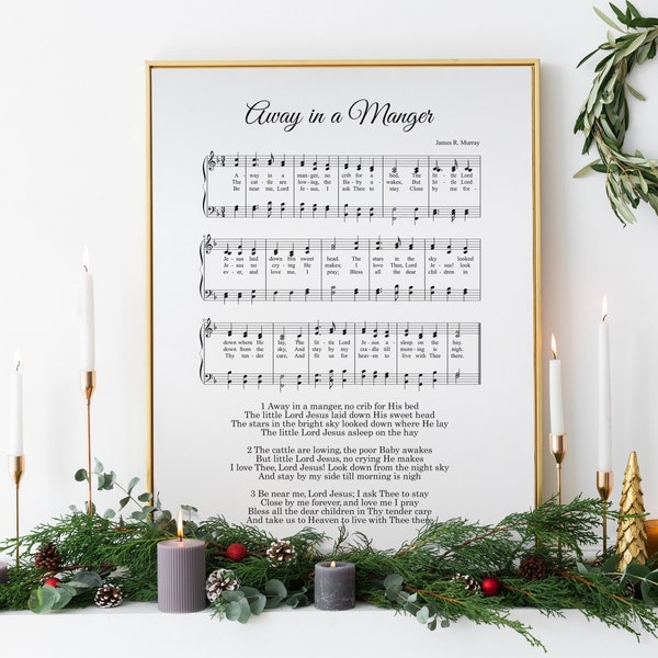 Away in a manger, christmas hymn, vintage carol, music sheet, wall art, sign, printable, INSTANT DOWNLOAD