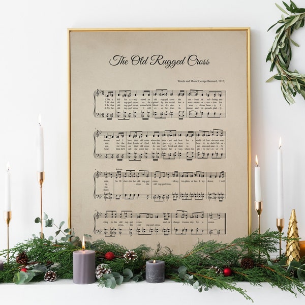The Old Rugged Cross, christmas hymn, vintage carol, piano sheet music, vintage hymn, wall art, printable, INSTANT DOWNLOAD