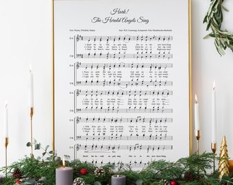 christmas hymn, Hark! The Herald angels sing, piano sheet music, vintage carol, wall art, black & white, printable, INSTANT DOWNLOAD