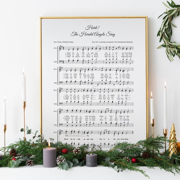 christmas hymn, Hark! The Herald angels sing, piano sheet music, vintage carol, wall art, black & white, printable, INSTANT DOWNLOAD