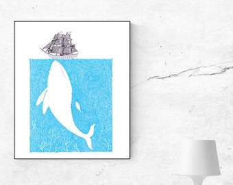 Whale and its baby - Poster A4, A3 or map - Handmade - Papeterie lyonnaise - Marine mammal - Ocean sea - Cetacean - Illustration