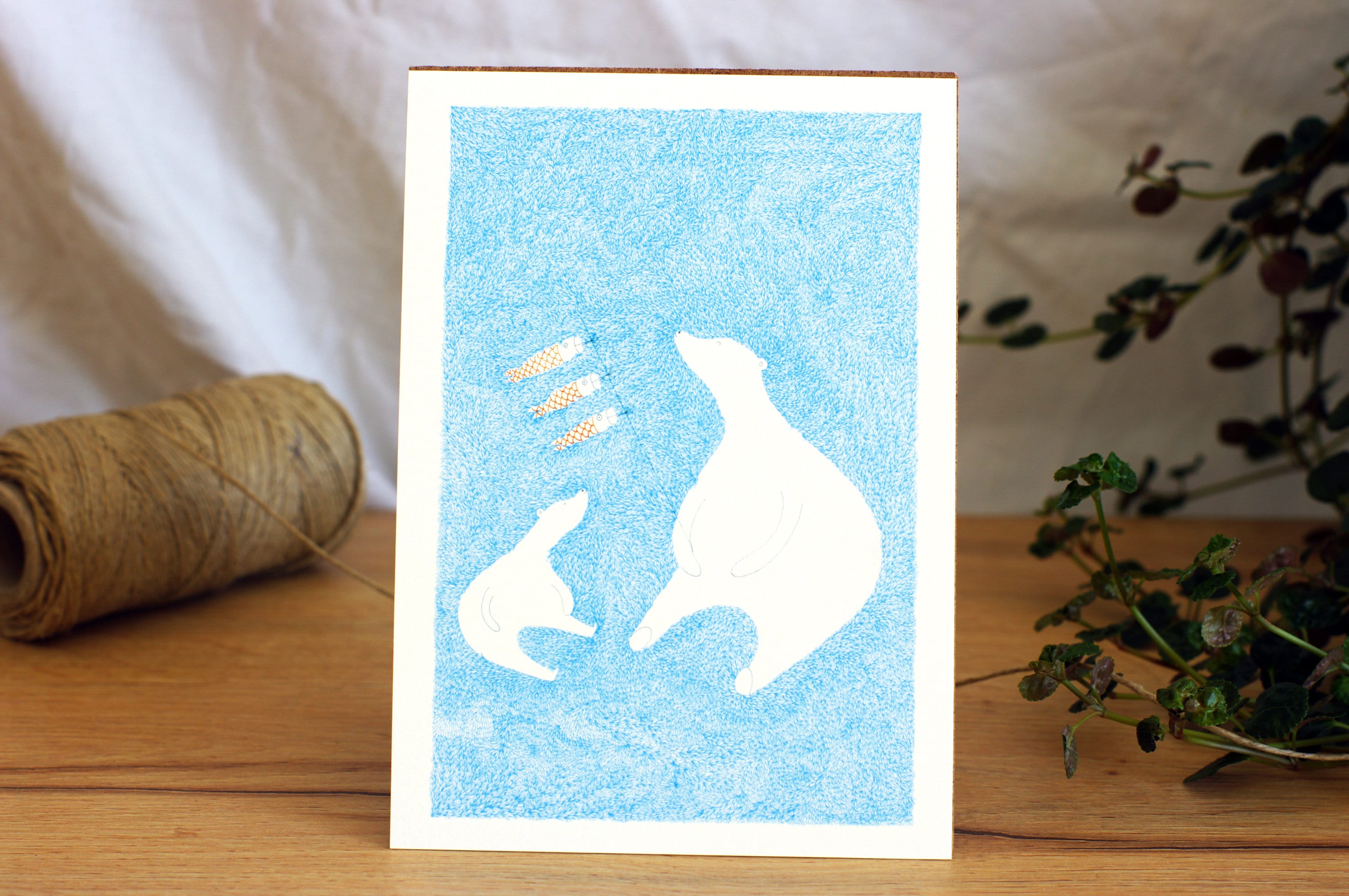 Carte et Affiche Chambre Bébé Ours Blanc - Ourson Polaire Illustration Faite à La Main France Naissa