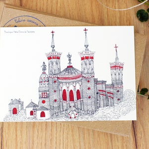 Lyon Fourvière - Karte oder Poster Basilika Notre-Dame - Künstlerische Zeichnung Künstler Lyonnaise - Salondekoration - Lokales Geschenk - Art France