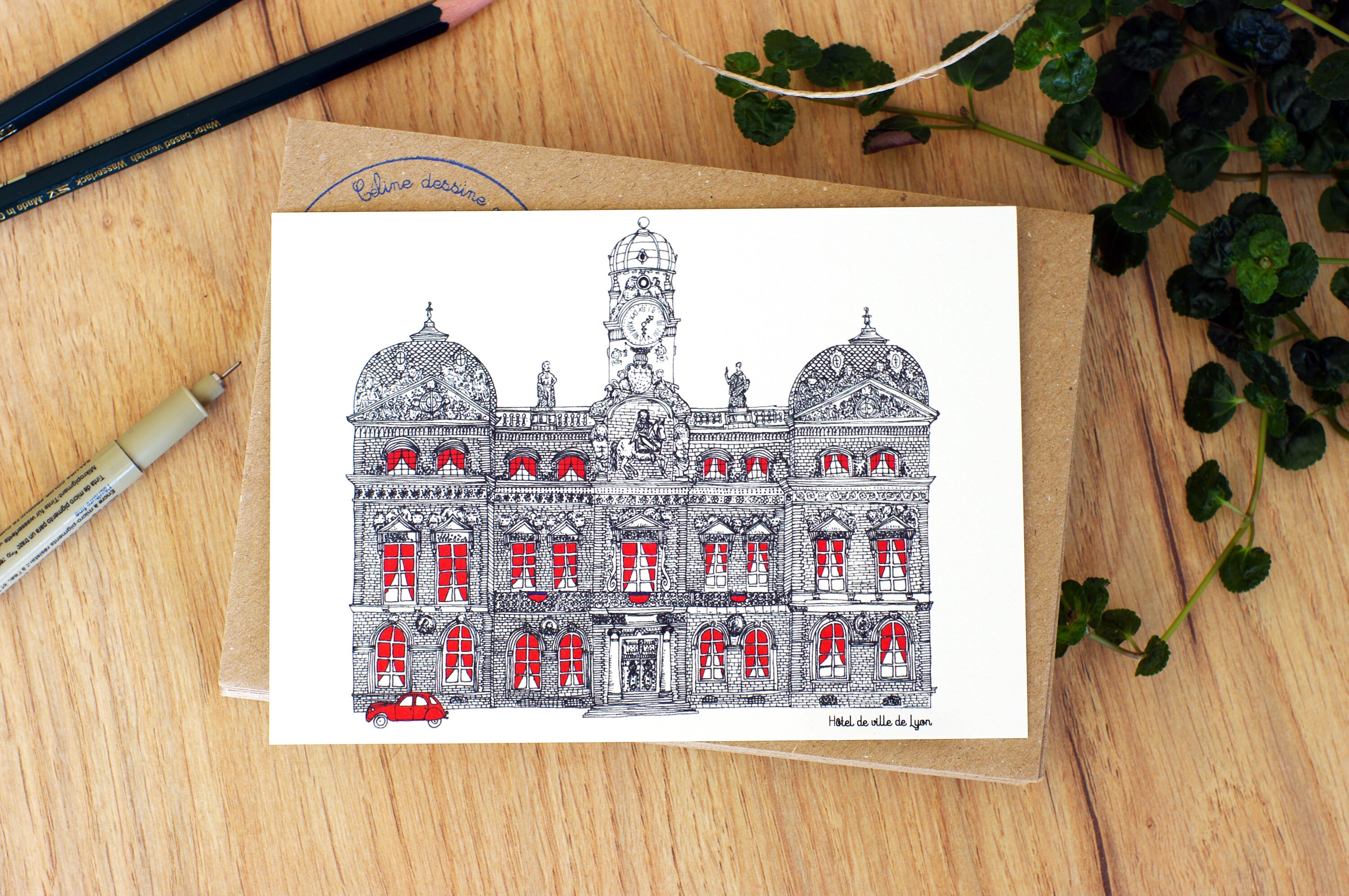 Lyon Hôtel de Ville - Carte ou Affiche Monument Français Illustration Made in Lyon Décoration Salon