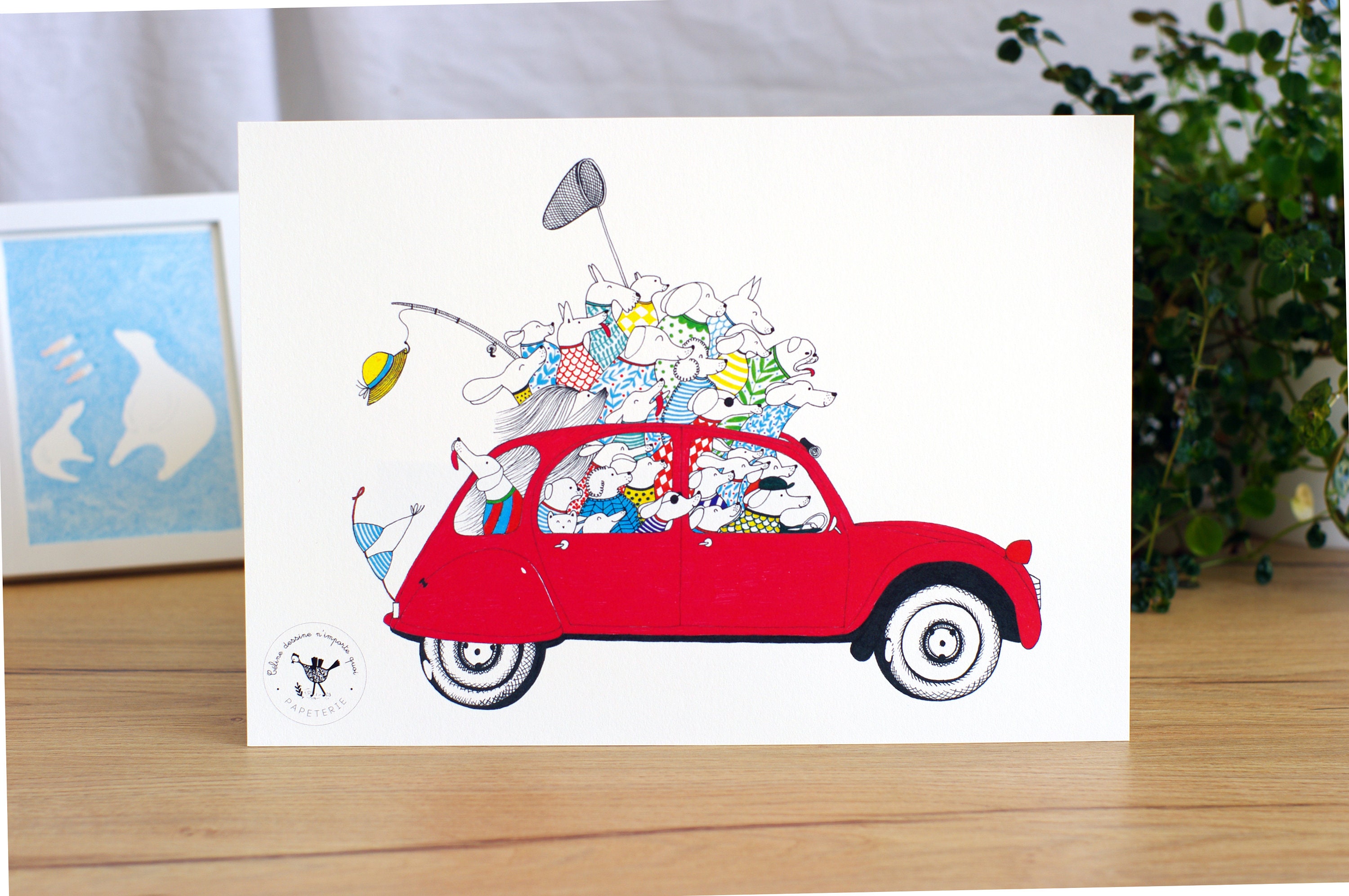 Affiche Bande de Copains Chiens en 2 Cv - Chambre Enfant Fille ou Garçon Joie 2Cv Voiture Ancienne D