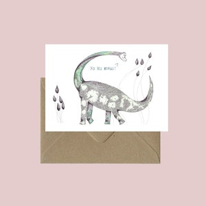 Carte postale Dinosaure Brachiosaure - Animal disparu - Dessin style gravure - Fabriqué à Lyon - Humour Yo les minus !