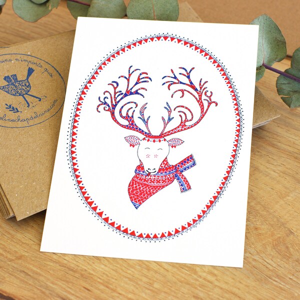 Carte postale Renne Caribou + enveloppe - Fêtes de fin d'année - Joyeux Noël - Meilleurs Voeux - Bonne année - Dessiné et imprimé en France