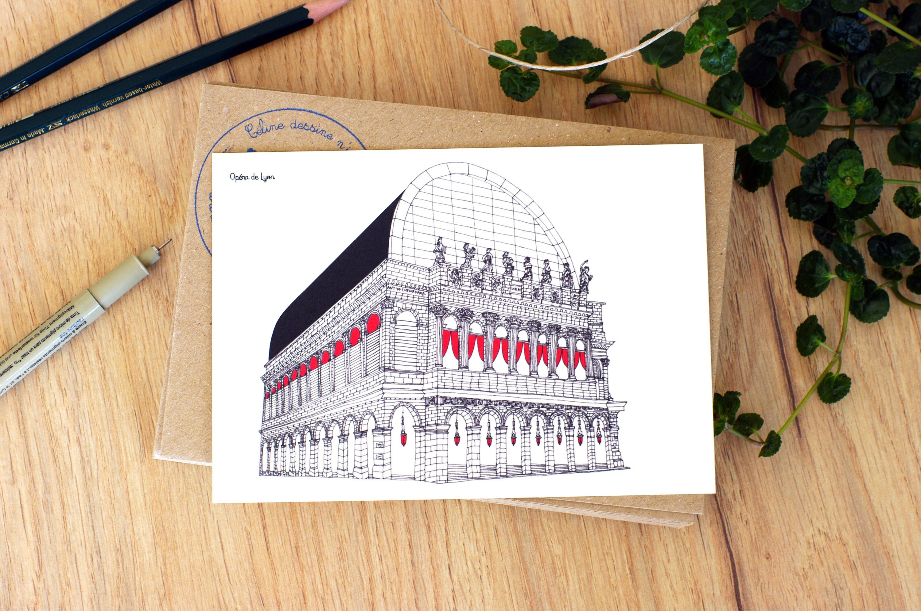 Opéra de Lyon - Affiche ou Carte Illustration Faite à Architecture Française Décoration Salon Bureau