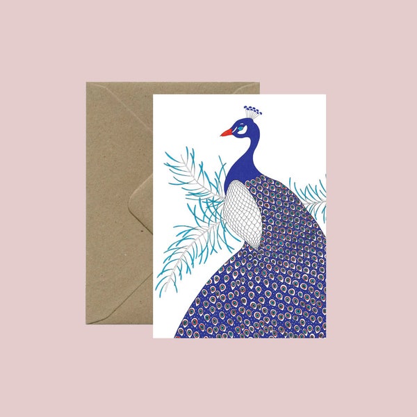 Illustration paon - Oiseau - Jolie carte - Dessiné et imprimé à Lyon Auvergne Rhône-Alpes