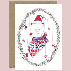 Carte Ourson de Noël - Carte Joyeux Noël - Décembre hiver - Ours - Animaux - Esprit de Noël - Rouge - Echarpe - Fait en France - Handmade