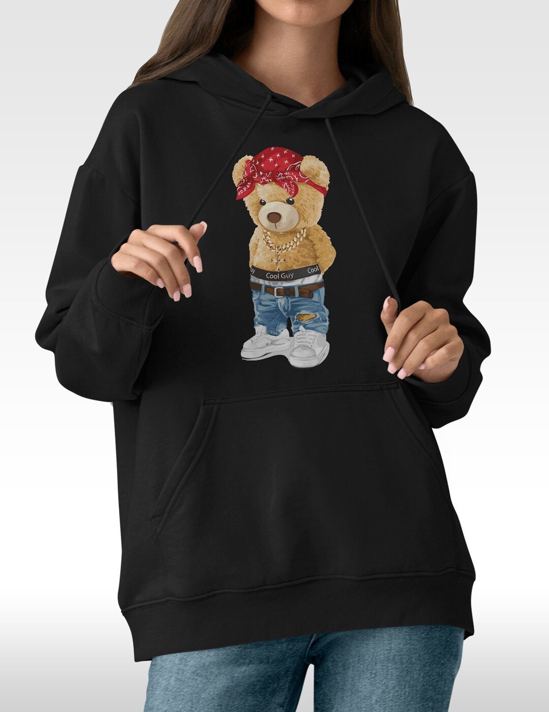 Teddy Bear Pullover Hoodie 90s Cool Rapper Bear Streetwear Sweatshirt ...