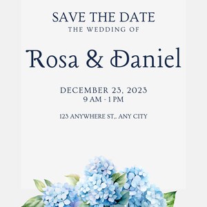 May include: Wedding invitation with a navy blue font on a white background. The invitation includes the text "SAVE THE DATE" and the names "Rosa & Daniel". The date is December 23, 2023, with the time 9 AM - 1 PM. An illustration of an oyster is at the top, and blue hydrangeas are at the bottom.